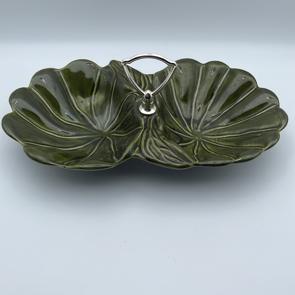 Vintage Avocado‎ Green Divided Dish w/Silver Handle California Pottery USA - Picture 2 of 7